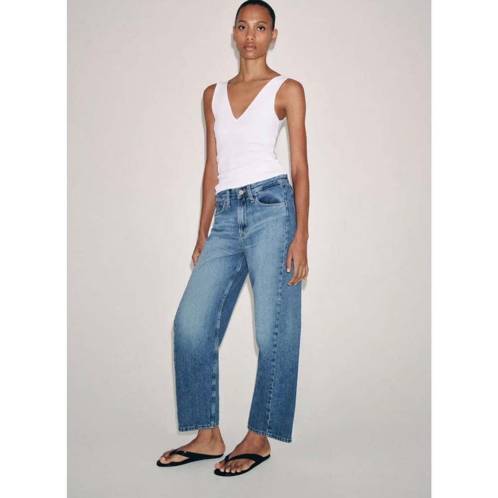 Zara ZW Collection Jeans Womens 0 Blue Mid Rise Relaxed Wide Leg Raw Hem